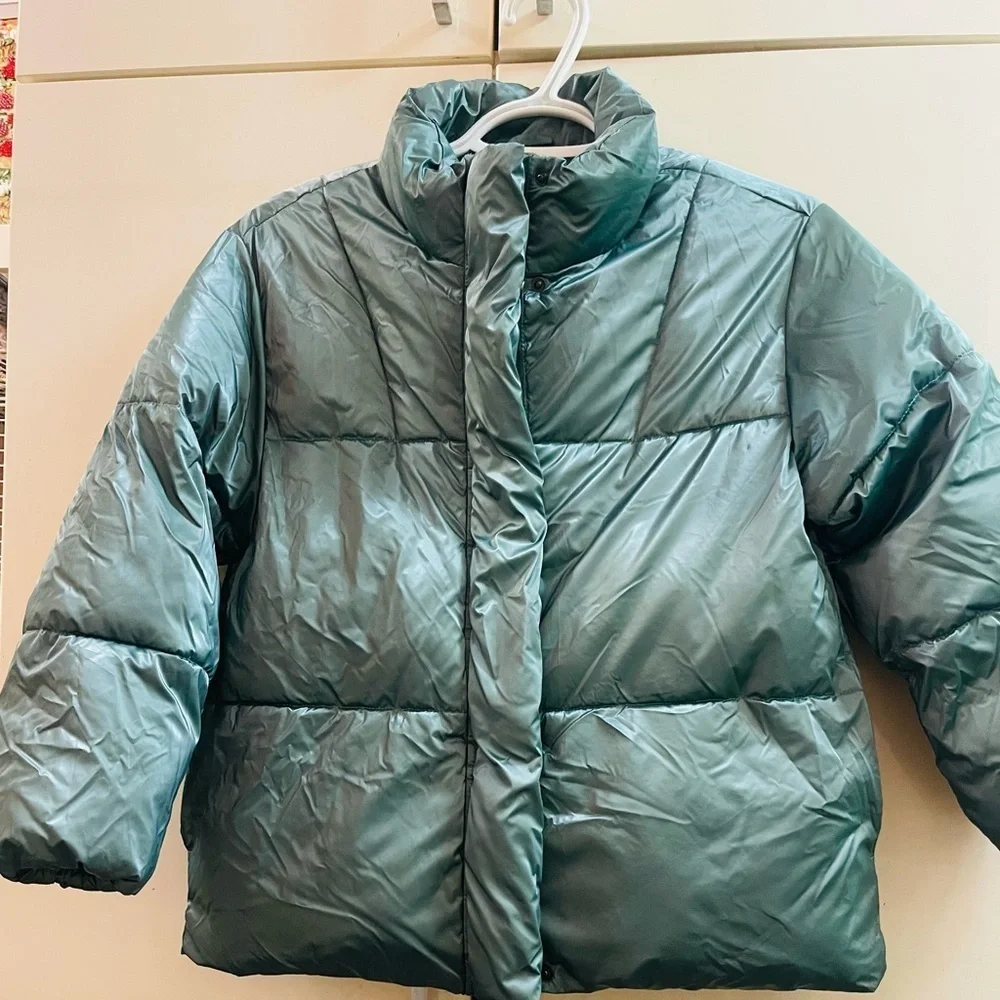 Zara Green Clover Metallic Waterproof Puffer Jacket Size 9 134 Cm Zip Coat